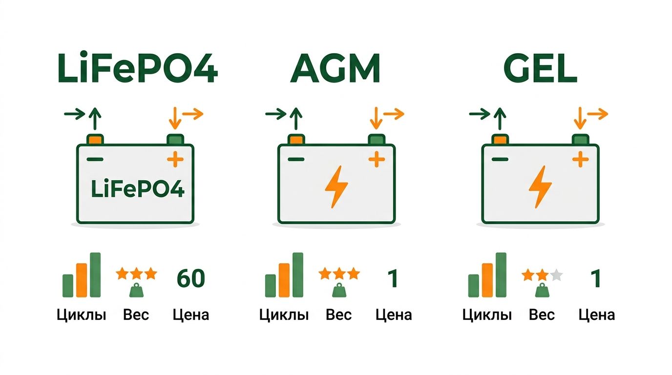 Сравнение аккумуляторов LiFePO4, AGM и GEL для солнечных панелей