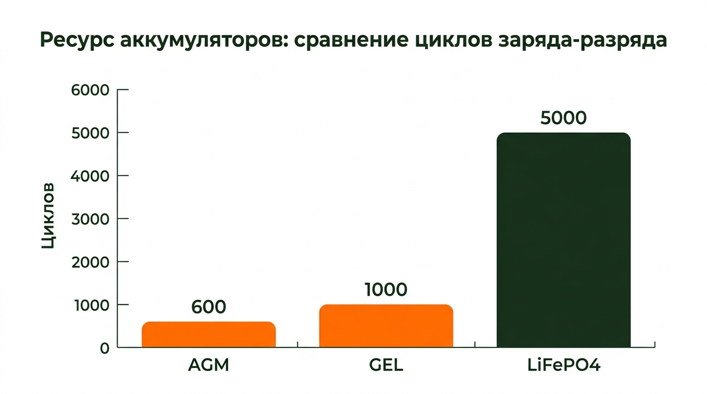 График циклов заряда: LiFePO₄ vs AGM