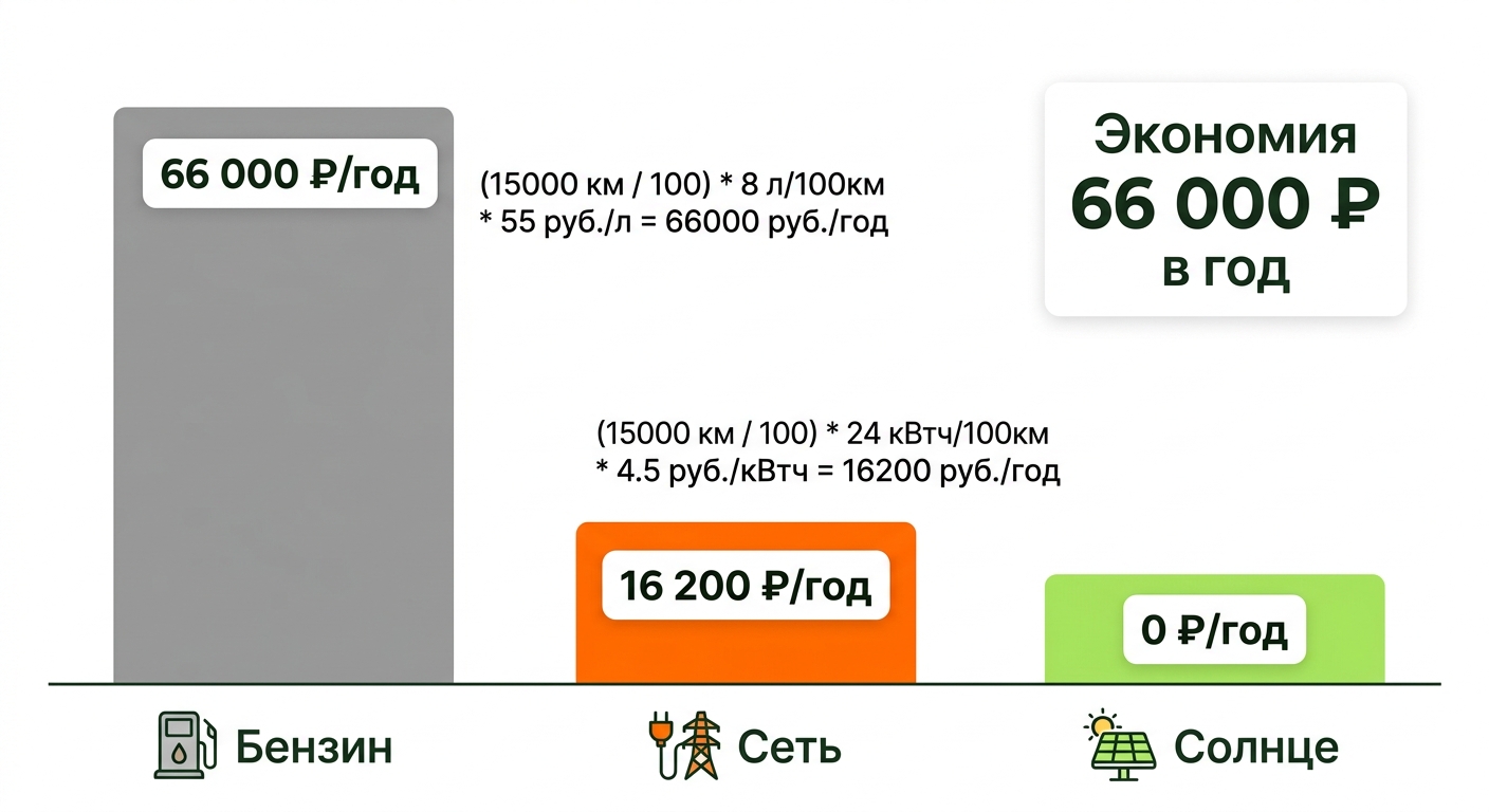 Инфографика: годовые затраты на топливо — бензин, сеть, солнце