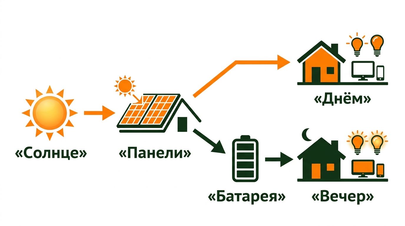 Поток солнечной энергии днём и вечером