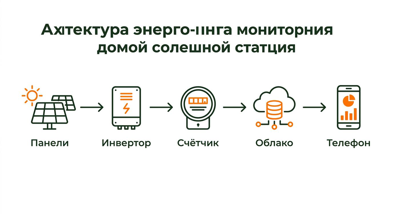 Схема мониторинга солнечной электростанции: панели, инвертор, счётчик, облако и телефон