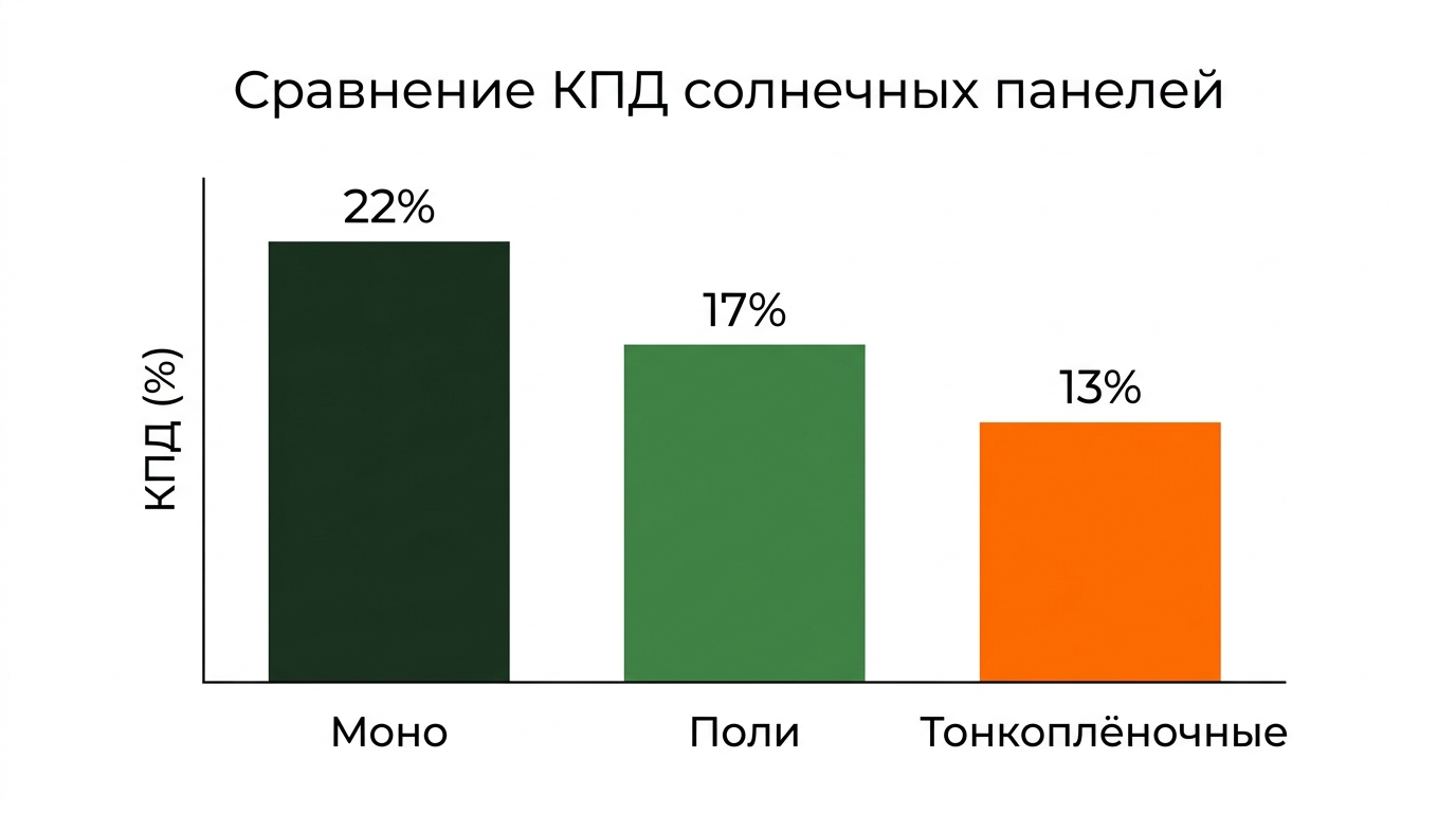 Сравнение трёх типов солнечных панелей по КПД