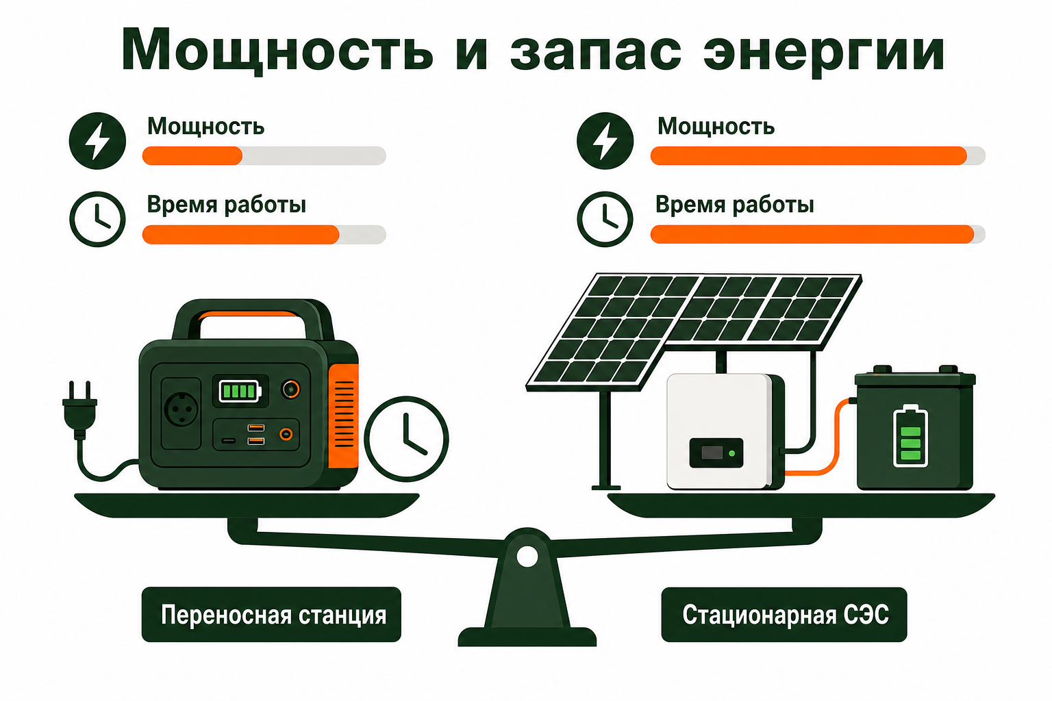 Сравнение мощности и запаса энергии портативной и стационарной солнечной системы