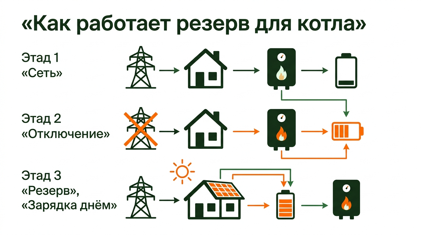 Режимы работы резервного питания котла: сеть, отключение и зарядка днём