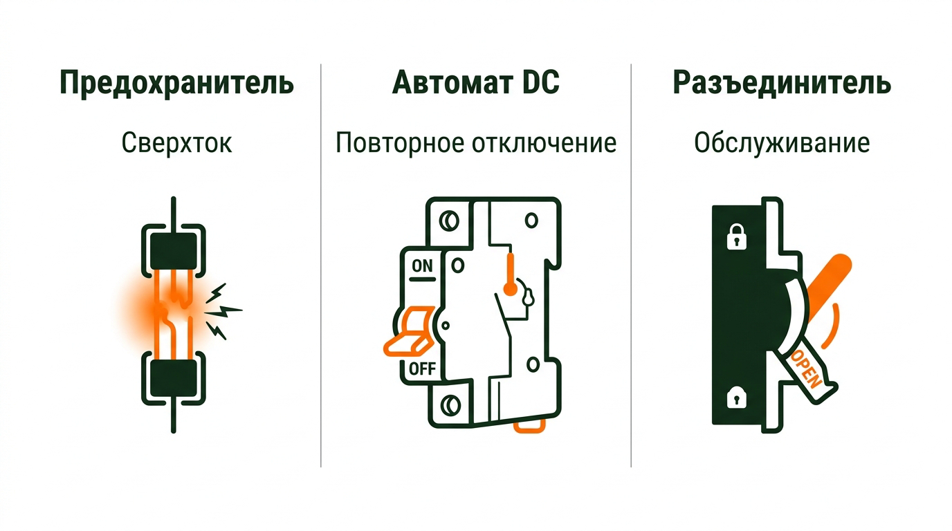 Сравнение автомата, предохранителя и разъединителя в солнечной станции