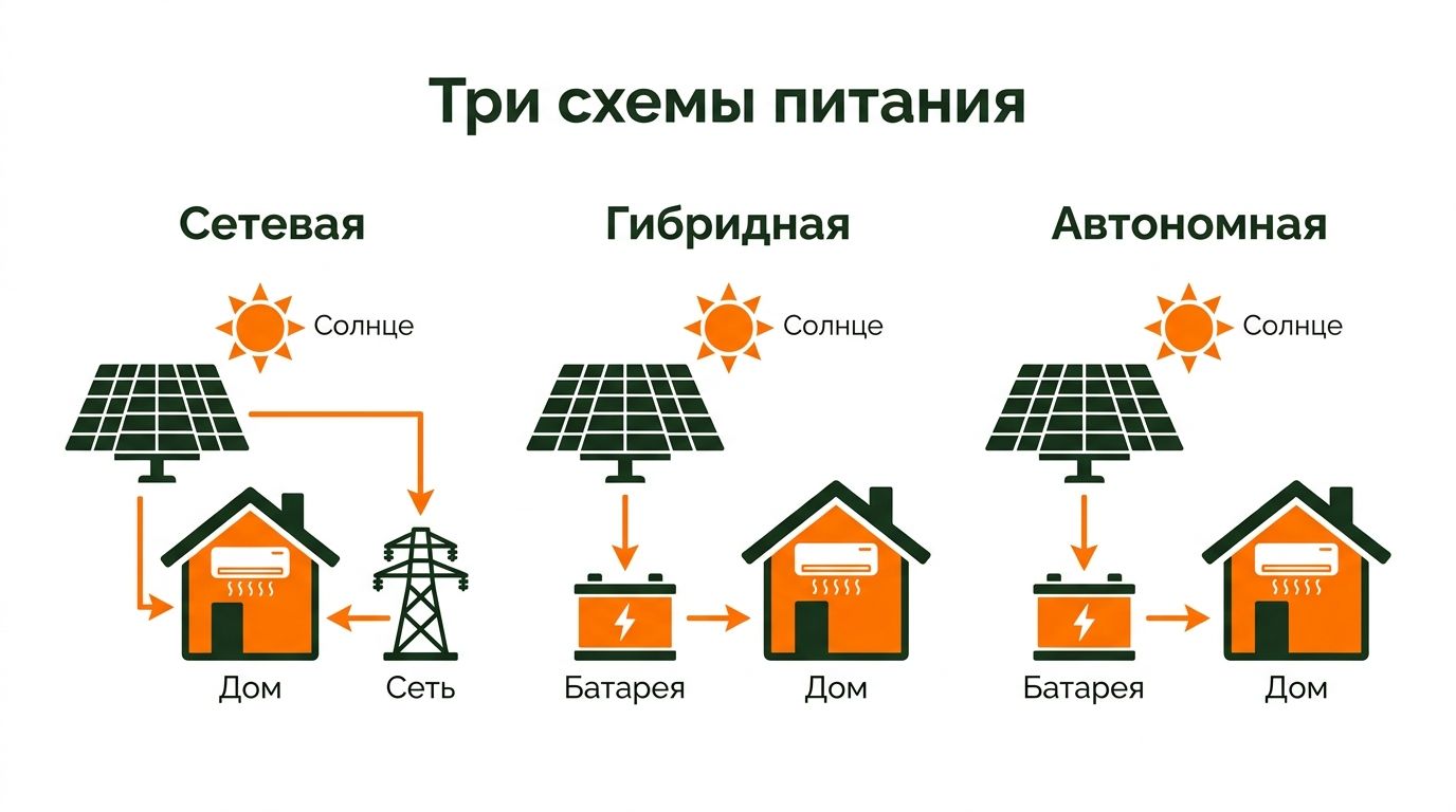 Три схемы питания кондиционера от солнечной станции