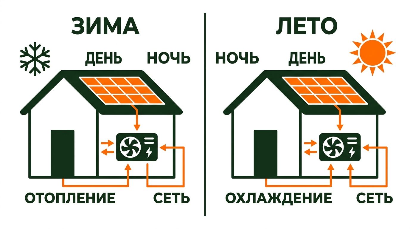 Сезонные режимы работы теплового насоса и солнечной станции