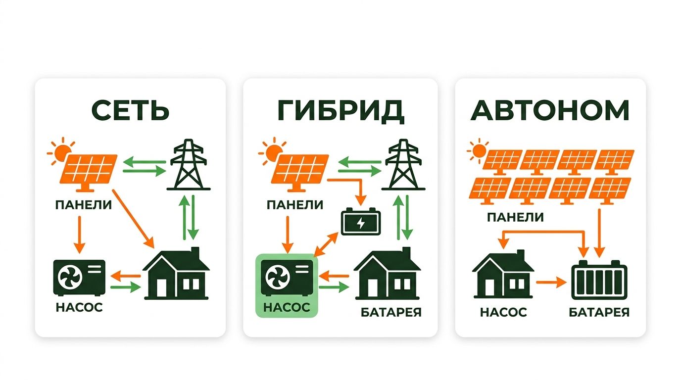 Сравнение сетевой, гибридной и автономной схемы питания теплового насоса