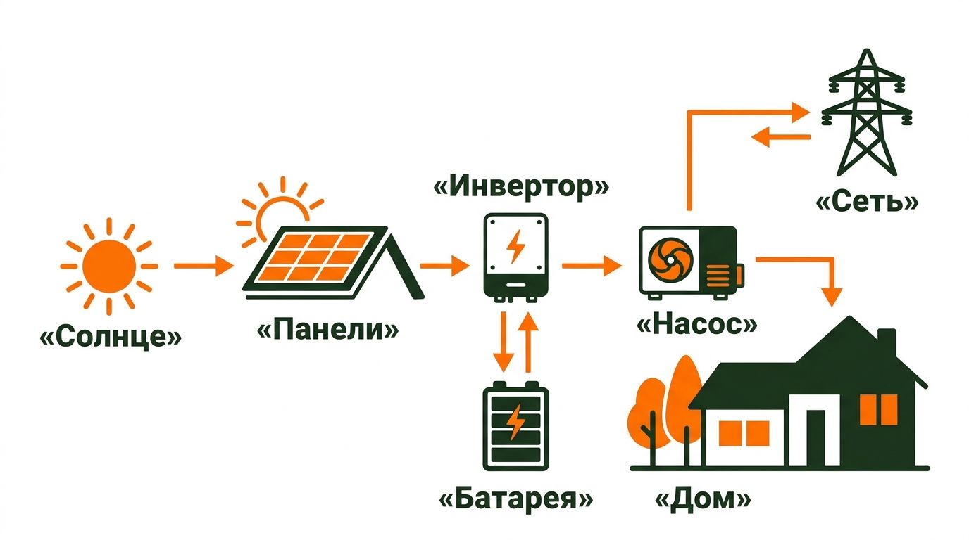Схема передачи энергии от солнечных панелей к тепловому насосу и дому