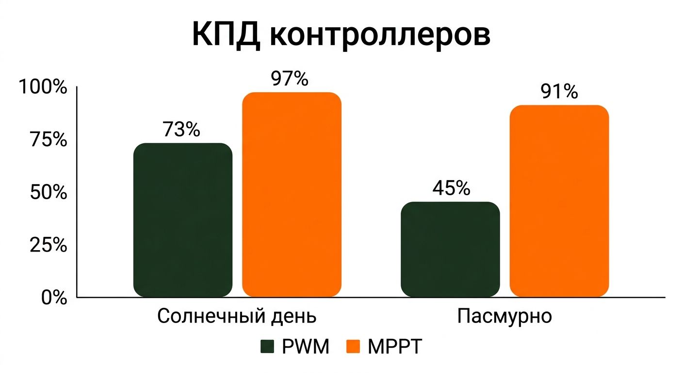 Сравнение КПД MPPT и PWM контроллеров заряда