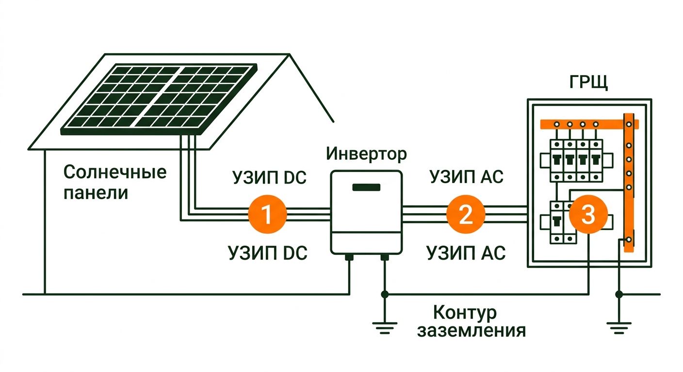 Точки установки УЗИП в солнечной электростанции