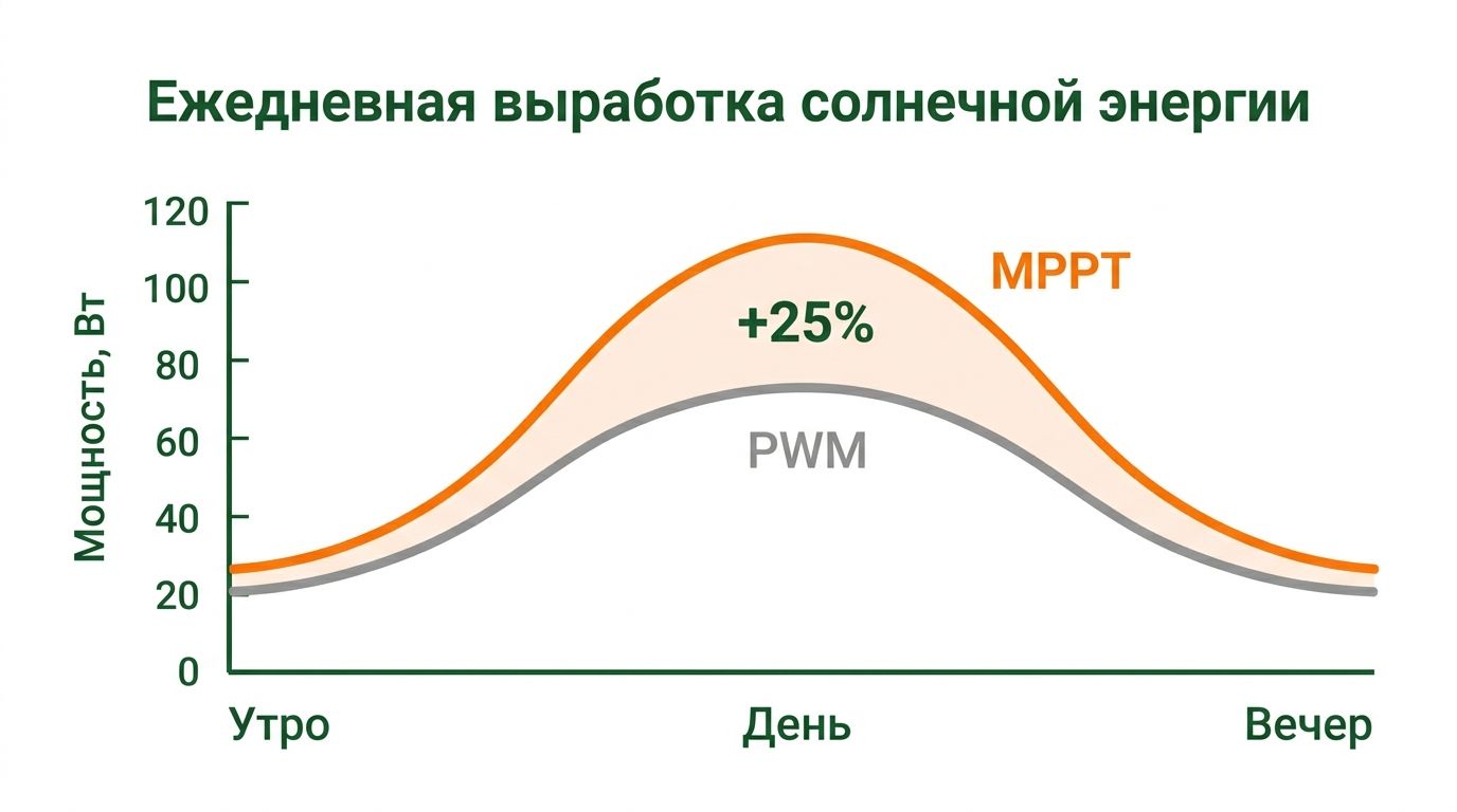 Сравнение суточной выработки MPPT и PWM контроллеров