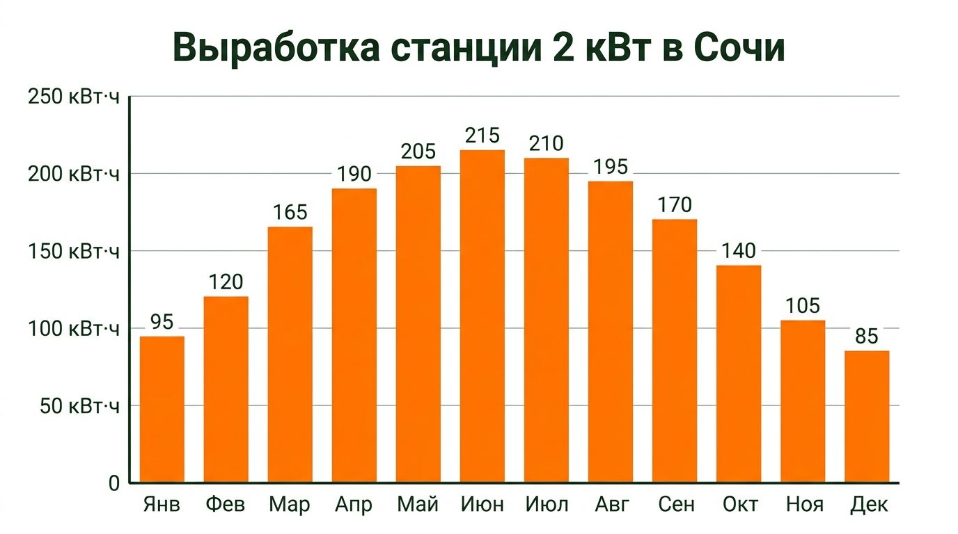 Ориентировочная месячная выработка солнечной станции для дачи в Сочи