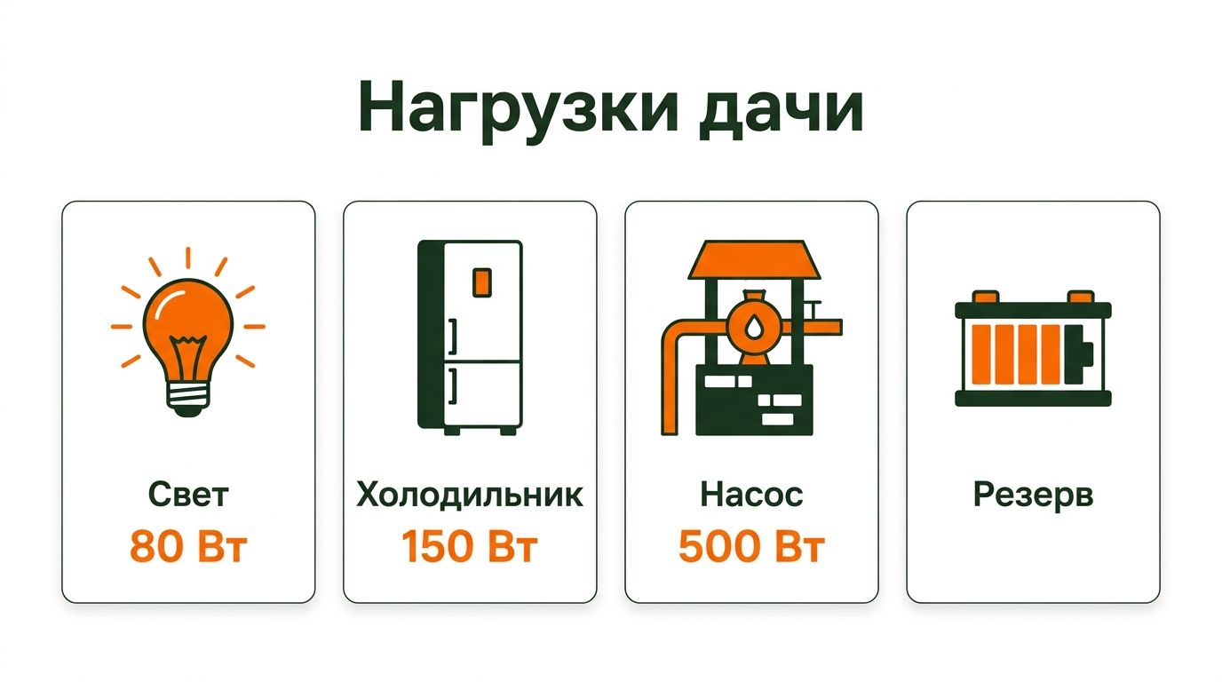 Приоритетные нагрузки дачи: свет, холодильник, насос и резерв
