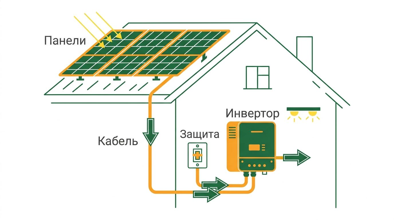 Кабельная трасса солнечной электростанции на крыше
