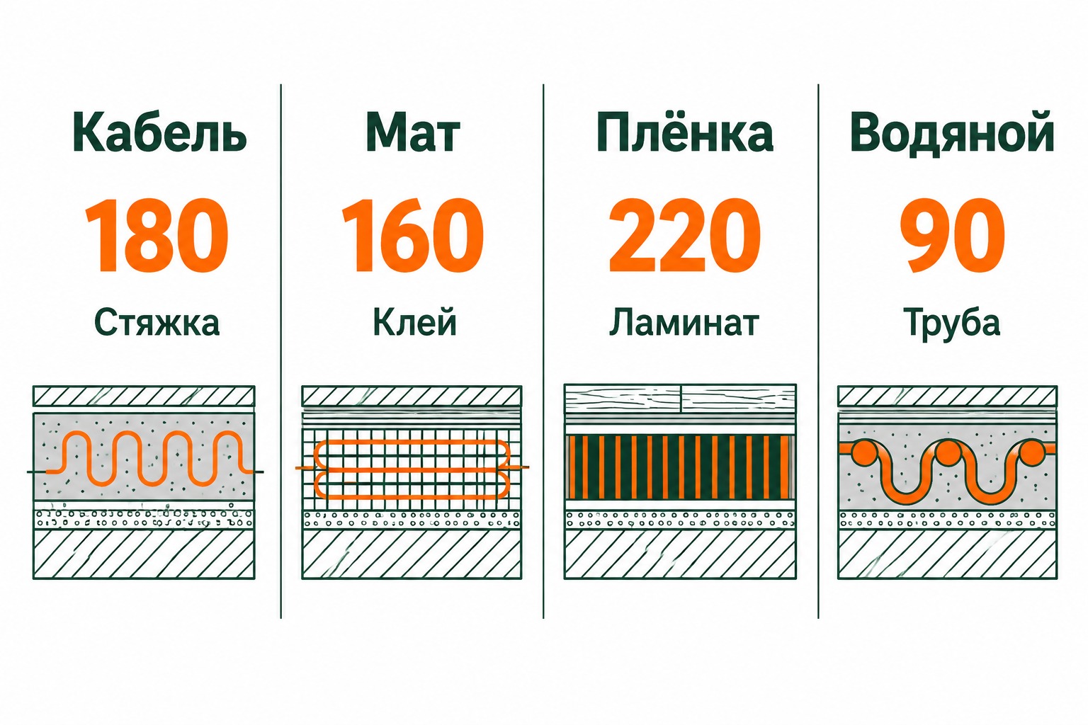 Сравнение четырёх типов тёплого пола: кабель в стяжку, мат, плёнка и водяной контур
