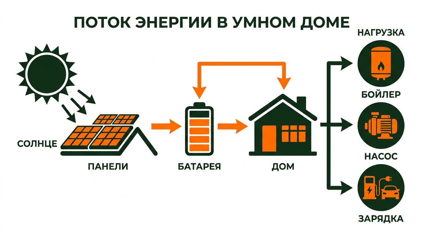 Поток энергии между солнечными панелями, аккумулятором и домом